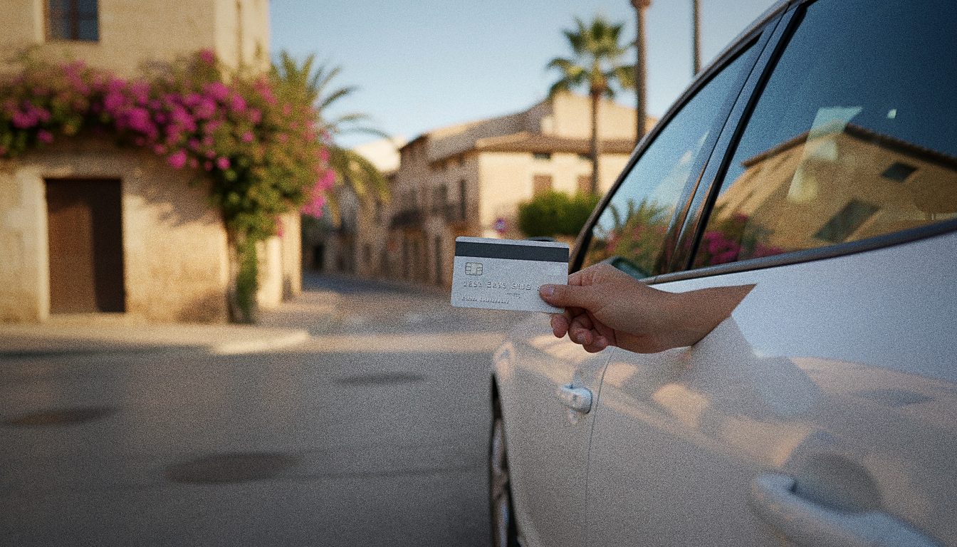 Reiziger met een betaalpas naast een huurauto in Palma de Mallorca
