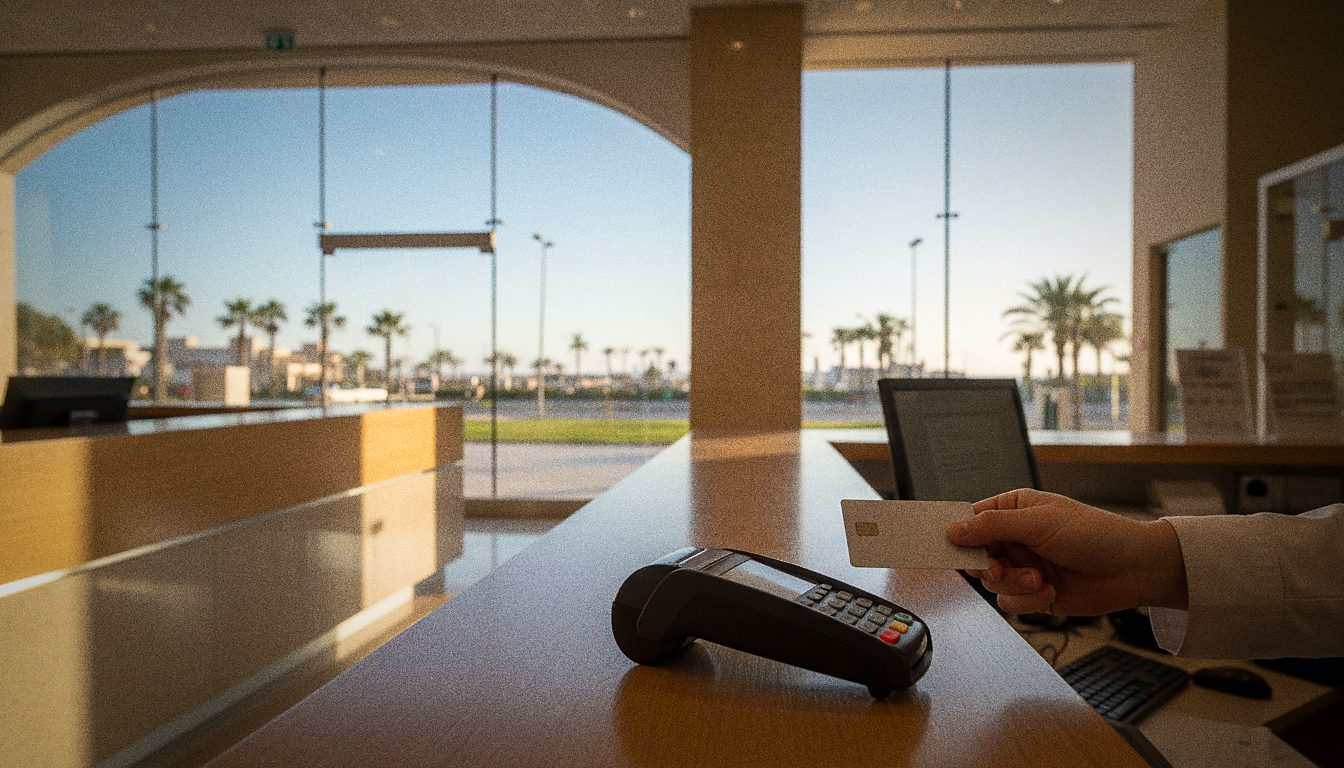 Betalen voor een huurauto met een betaalpas bij een balie op Palma Airport
