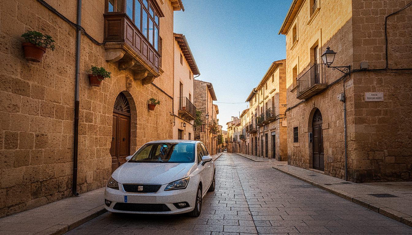 Huurauto geparkeerd op een straat in de oude binnenstad van Palma de Mallorca